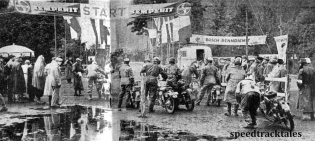 Photo - Conditions at the start of Saturday's run are depicted above. Reflected in the waterlogged ground, spectators and officials see the riders off on their third day's journey ISDT 1952 (Speedtracktales Collection)