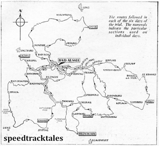 Image - The routes followed in each of the six days of the trial. The numerals indicate the particular sections used on individual days. ISDT 1952 (Speedtracktales Collection)