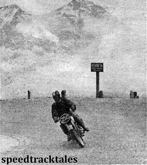 Photo - F Bracher (350 Jawa) of Czechoslovakia, riding above the clouds, near the top of the Gross Glockner Pass. ISDT 1952 (Speedtracktales Collection)