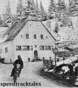 Photo - JR Hebden (498 Triumph) in a Christmas card setting near Randstadt, in the Tauern Pass area. ISDT 1952 (Speedtracktales Collection)