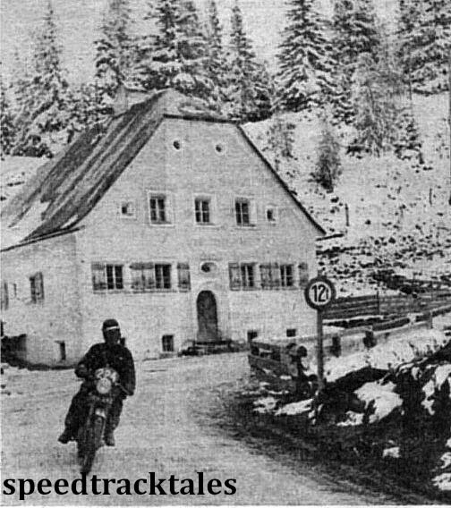 Photo - JR Hebden (498 Triumph) in a Christmas card setting near Randstadt, in the Tauern Pass area. ISDT 1952 (Speedtracktales Collection)