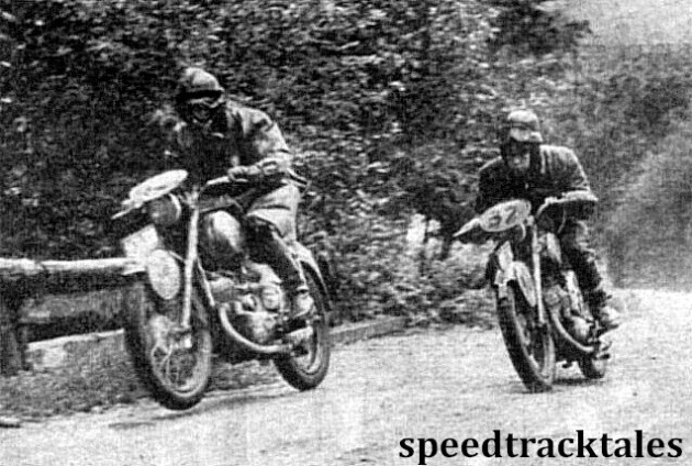 Photo - A Puch pütsch! Karl Zührer lifts his front wheel as he and Edi Platzer ( Austrian Vase 'B' Team) make up time on a by-road in Admont ISDT 1952 (Speedtracktales Collection)