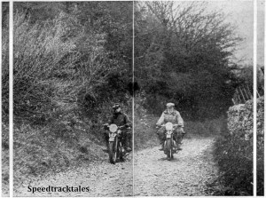 Photo - "Motor Cycling's" man trying the Triumph twin up the Alt-y-Bady, while Harry Perrey has a go on the 5/5. Both models absolutely played up the hill, and restarting, even on standard tyres, presented little difficulty.