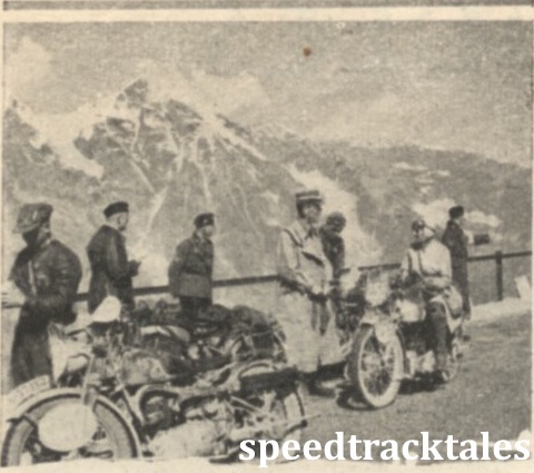 Photo - Miss Marjorie Cottle (249 Triumph), chatting with Obergruppenfuhrer Kraus, president of the International Jury, at the check at the top of the Grossglockner. Miss Cottle made a magnificent performance in the trial ISDT 1939 (Speedtracktales Collection)