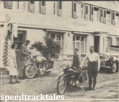 Photo - The editor with his Triumph Twin after crossing the border into Switzerland. In the foreground, alongside a Condor machine is a kindly Swiss Hotelier who helped the Editor change a fork spring. ISDT 1939 (Speedtracktales Collection)