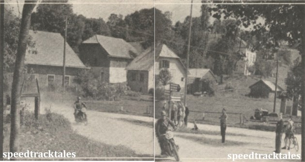 Photo - At almost every corner throughout the trial there were NSKK men on point duty. The riders are H Lodermeier and H luber (494cc B.M.W.s) Note the dust, which was such a feature of the trial. ISDT 1939 (Speedtracktales Collection)