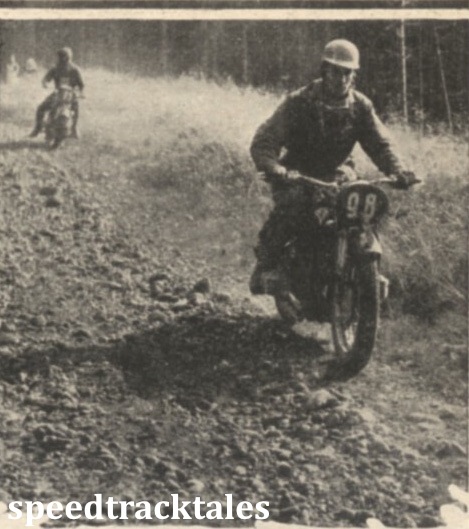 Photo - Much rough going was included in the course. Here is a glimse of a Swedish rider, B. Nilsson (498 Zundapp) and, appearing rather unhappy, an Italian, E. Scatolini (493 Guzzi) dropping down a section of loose stone ISDT 1939 (Speedtracktales Collection)
