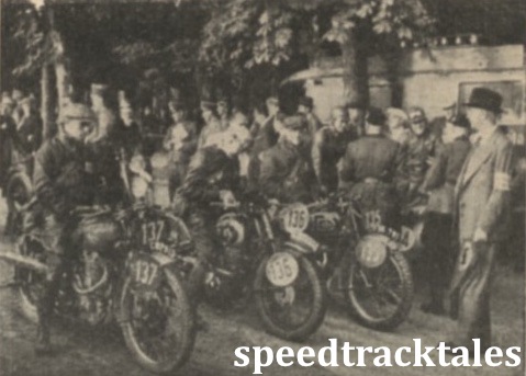 Photo - Zero hour! A batch of competitors waiting on the starting line at Salzburg for Major Watling to give the signal to set off on the day's run. Left to Right are C.N Rogers (246 Royal Enfield, of the British "B" Vase team, H Kirchberg (343 DKW) and George Rowley (347 AJS) of the British Trophy Team. ISDT 1939 (Speedtracktales Collection)