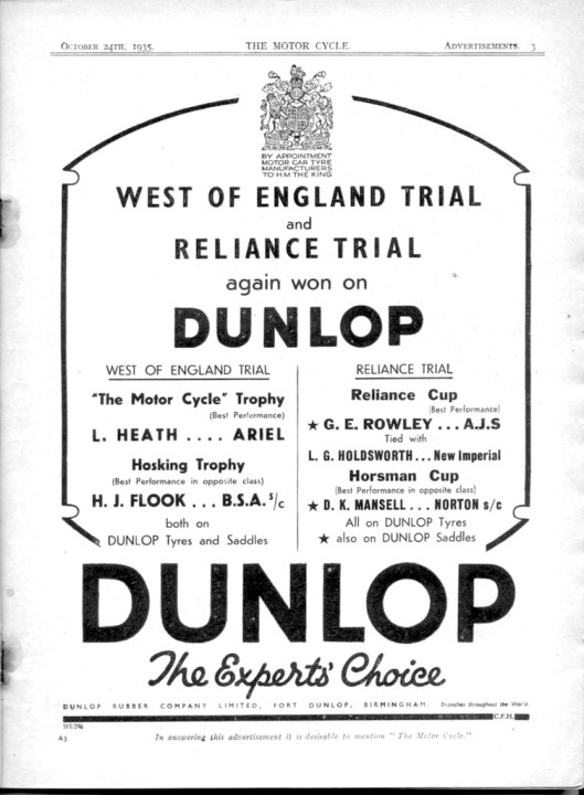 Image - Dunlop Tyres advert displaying their product successes at the Reliance Trial 1935