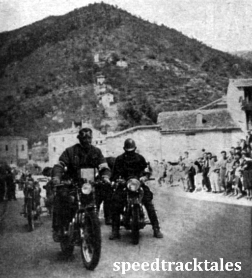 photo - A scene that will evoke momories among D.R.s (Dispatch Riders - Ed) who served in Italy. The terraced hillside is a typical Northern Italian panorama. #118 Hugh Viney (498 A.J.S) of the British Trophy team, is just leaving the check. ISDT 1948 (Speedtracktales Collection)