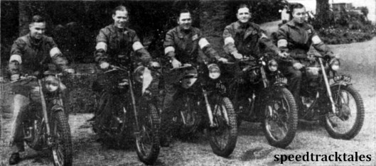 The British Trophy Team. Left to right: C.N. Rogers (346 Royal Enfield); Allan Jefferies (498 Triumph), captain; J Williams (499 Norton); B.H.M. Viney (498 AJS); Vic Brittain (346 Royal Enfield) ISDT 1948