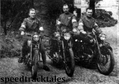 photo - British 'A' Vase team. Left to right: W.J. Stocker (499 Royal Enfield); C.M.Ray (497 Ariel); P.H. Alves (498 Triumph) ISDT 1948