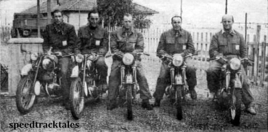 photo - Trophy team reprseenting Czechoslovakia, last year's winners. The riders are, left to right, C. Kohlicek (125 CZ), J Pastika (125 CZ) V Stanislav, R. Dusil and J. Bednar (250 Jawa machines)
