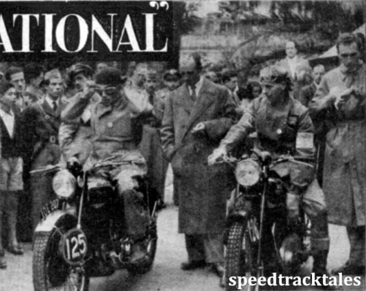 photo - #125 M. Barrington (499 B.S.A) [JOE 207] Ireland and #126 A.F. Gaymer (498 Triumph) Britain, about to be started by Count Albert Bonacossa ISDT 1948 (Speedtracktales Collection)