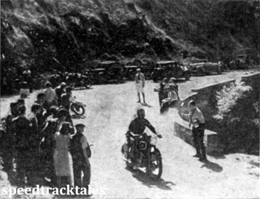 photo - Time check in a mountain setting on the way to Carpasio. The rider is J Roest (495 B.S.A twin), a member of the Dutch Vase "No. 2" team. ISDT 1948 (Speedtracktales Collection)