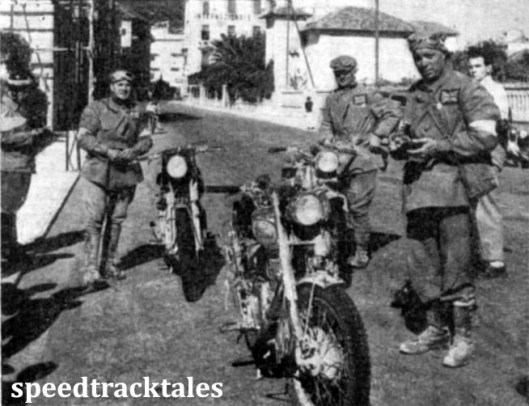photo - J. Williams (Norton) and V.N. Brittain (Royal Enfield) [GWP 366), two members of the victorious Trophy team. Between them is P.H. Alves (Triumph). ISDT 1948 (Speedtracktales Collection)