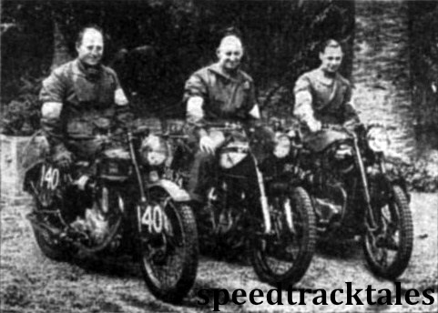 phto - the British Vase 'B' team F.M. Rist (348 BSA); J Blackwell (499 Norton); A.F.Gaymer (498 Triumph) ISDT 1948