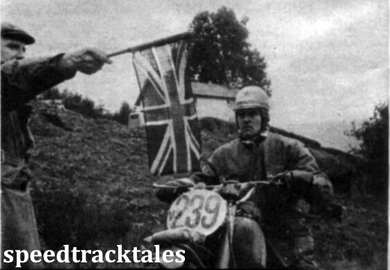 Photo - East waits for West. #239 Edwin Kruse (346 Izhevsky) eyes the starters flag at the beginning of a timed hill climb. ISDT 1961 (speedtracktales collection)