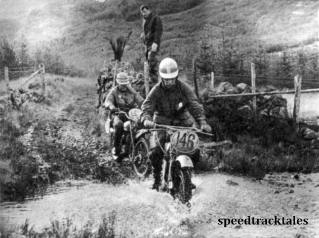 Photo - #146 T Magnusson (250 Husqvarna) of the Swedish Trophy team leads #142 Alf Hill (246 Greeves) through a stream at Blen y Glyn. ISDT 1961 (speedtracktales collection)