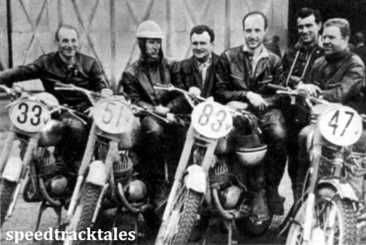 Photo - Victorious Czech Vase team. Left t oright are #33 A. Roucka (125 CZ), O. Chasak (125 CZ), manager M. Urban, #83 D. Miarka (175 CZ), A Zemen, and #47 F. Darebny (125 CZ). Though nominated, Zemen injured his arm in practise and did not start the trial. ISDT 1961