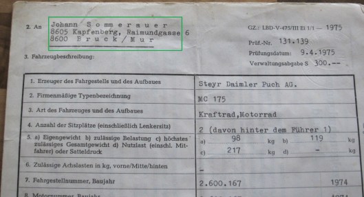 Photo - Johann Sommerauer's Works Puch MC 175 registration papers ex ISDT 1973