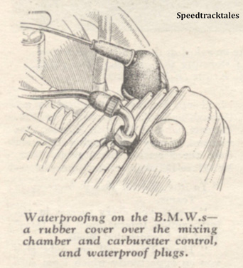 Image - Waterproofing on the BMWs a rubber cover over the mixing chamber and carburetter control and waterproof plugs - ISDT 1938 (image courtesy Morton Media)