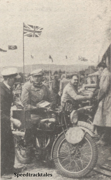 Photo - #188 CG Rolles (Matchless) taking in supplies, Note how the Union Jack is flying - let's hope it will be waving as strongly next saturday! - ISDT 1938 (image courtesy Morton Media)