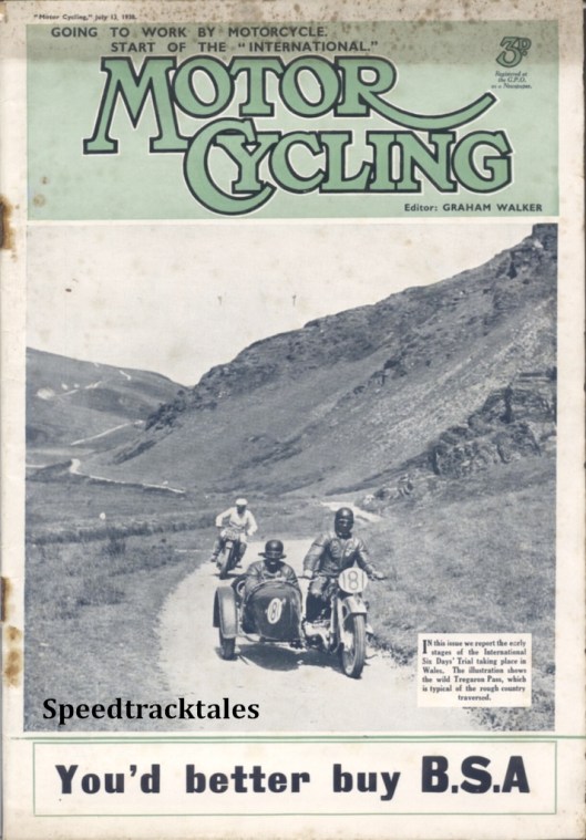 Image - cover of 'Motor Cycling' 13 July 1938 featuring A 'report on the early stages of the International Six Days' Trial taking place in Wales. The illustration shows the wild Tregaron Pass, which is typical of the rough country traversed' ISDT 1938