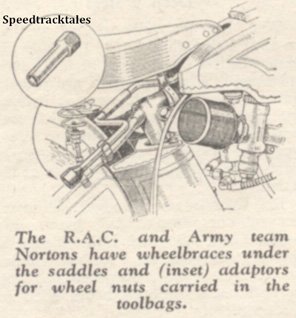 Image - The RAC and Army team Nortons have wheelbraces under the saddles and insert adapters for wheel nuts carried in the toolbags - ISDT 1938 (image courtesy Morton Media)