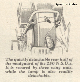Image - The quickly detachable rear half of the mudguard of the 250 NSUs. It is secured by three wing nuts while the lamp is readily detachable - ISDT 1938 (image courtesy Morton Media)
