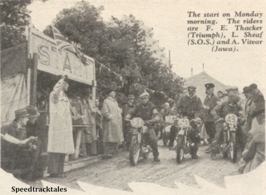 Photo - the start on monday morning. The riders are #51 FE Thacker (Triumph) #50 L Sheaf (SOS) and #49 A Vitvar (Jawa) - ISDT 1938 (image courtesy Morton Media)