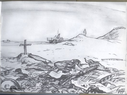 image - The grave of Alfred Schmidt, a Luftwaffe pilot who was killed when his 109F crashed close to Bir Belamed. What is left of him is buried beneath what is left of his machine (Original Art by Gordon Horner 1915-2006)