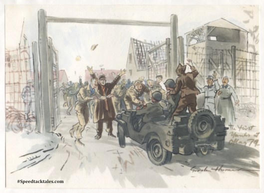 image - The relief of Brunswick - The liberation of the Allied Prisoners of War by American troops. (Original Art by Gordon Horner 1915-2006)
