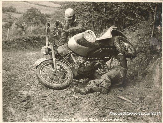 Photo - #50 WT Howard on the works entered BSA 350cc Sidecar outfit and a bit of fettling ISDT 1954 - (speedtracktales collection)