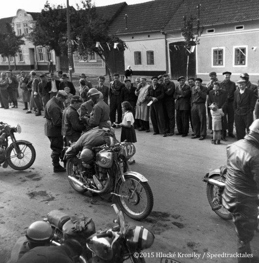 Photo - Riders gather at the Hulk time check #127 G Brouwer BSA 348 #129 Jan Janous Jawa 350 ISDT 1953 (©Hluké Kroniky)