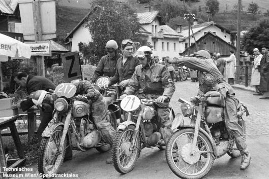 photo - #217 L. Cpl. JSM Bray works 498 BSA [99BD74] with #71 KL Westphal Maico 173 of Germany #72 Sergio Maspes MV 150 of Italy #218 William E Lamming BSA 498 of Holland at checkpoint ISDT 1952 (© Artur Fenzlau/Technisches Museum Wien)