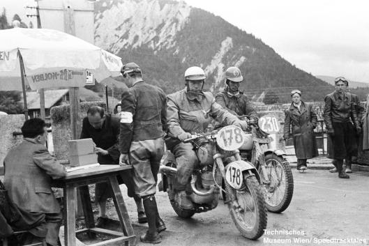 photo - #230 FE Lines, Triumph 498 [SMM 807] with #173 Karl Finkenzeller DKW 250 Germany at checkpoint ISDT 1952 (© Artur Fenzlau/Technisches Museum Wien)