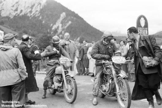 photo - #262 David J Redmore Triumph 498 [FUH 705] #254 FJ Vos Matchless 500 checkpoint ISDT 1952 (© Artur Fenzlau/Technisches Museum Wien)
