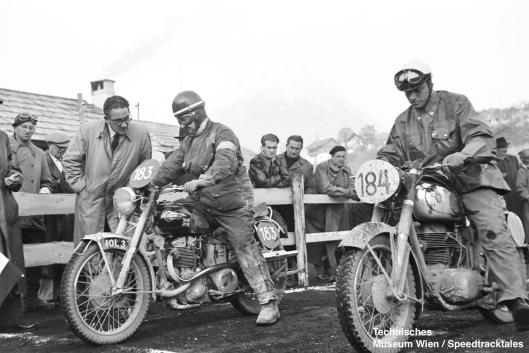 photo - #183 CM Ray Ariel 493cc [MOL 3] with German rider #184 Harald Oelerich Horex 342cc at start line ISDT 1952 (© Artur Fenzlau/Technisches Museum Wien)