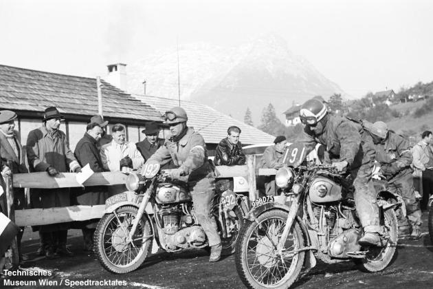 photo - #191 Capt DC Osmond works BSA 498cc [99BD75] with Dutch rider #192 JM Timmers BSA 348cc at start line ISDT 1952 (© Artur Fenzlau/Technisches Museum Wien)