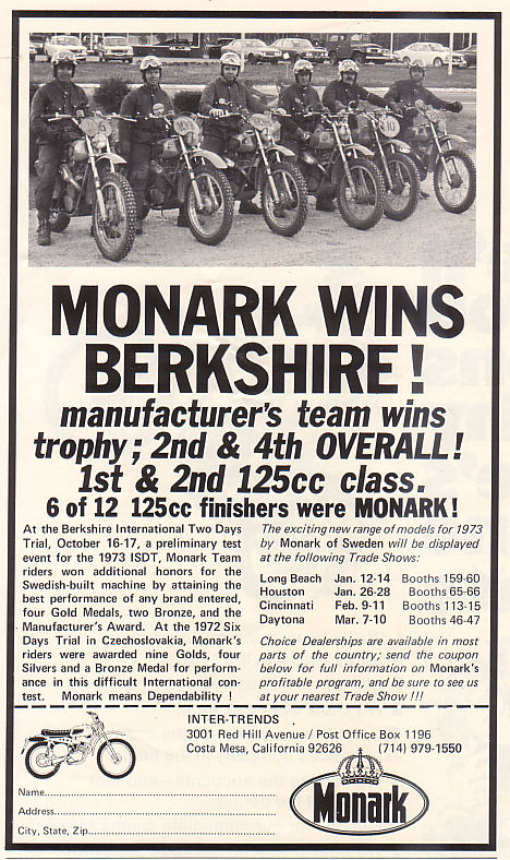 Image - Press advert of Monark Team success at 1972 USA ISDT test event (courtesy vintagemonark.com)