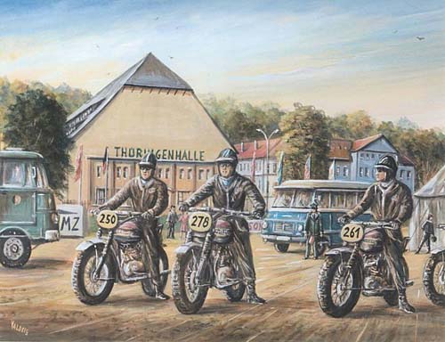 image - painting of McQueen on start in Erfurt  ISDT1964